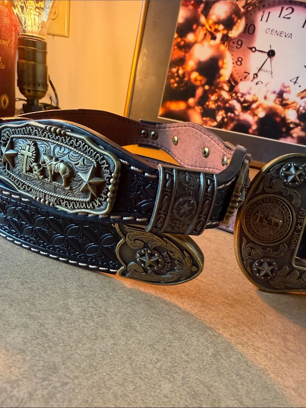 NWOT West Star Texas Western Brown Leather Belt with Ornate Antique Brass Buckle
